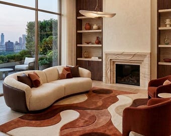 Alfombra de lana tejida a mano, estampado abstracto de ondas orgánicas, lana en tonos terracota, marrón y beige, pelo alto esculpido, alfombra moderna para sala de estar.