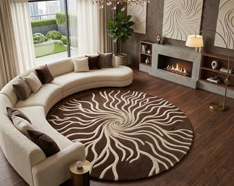 Alfombra redonda de lana tejida a mano, alfombra abstracta con remolinos en tonos marrón y crema, alfombra moderna de lujo para sala de estar, decoración contemporánea neutra para el hogar.