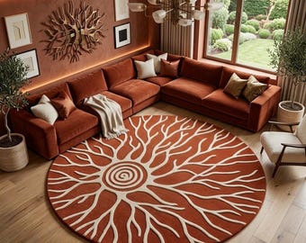 Alfombra de lana tejida a mano, alfombra redonda de terracota, alfombra abstracta moderna orgánica, decoración bohemia para sala de estar, alfombra llamativa para el suelo