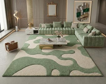 Alfombra abstracta verde tejida a mano, alfombra moderna de lana, alfombra de lana de Nueva Zelanda hecha a mano, alfombra de lujo para sala de estar, alfombra de tamaño personalizado.