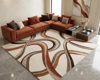 Alfombra abstracta de lana tejida a mano, alfombra moderna de lujo, alfombra en tonos beige, marrón y terracota neutros, alfombra contemporánea para sala de estar, alfombra de tamaño personalizado.