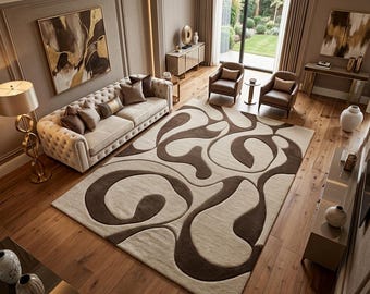 Alfombra abstracta de lana tejida a mano, alfombra moderna beige y marrón, diseño de ondas orgánicas, alfombra neutra para sala de estar, alfombra contemporánea hecha a mano.
