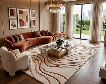 Hand Tufted Rug, Modern Wavy Area Rug, Neutral Abstract Rug, Cream Terracotta Rug, Organic Modern Living Room Decor