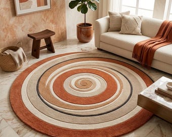 Alfombra redonda de lana tejida a mano, diseño concéntrico en color beige terracota, alfombra abstracta moderna, decoración neutra para sala de estar.