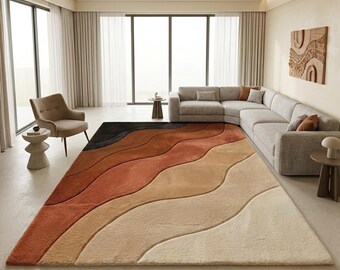 Alfombra moderna abstracta de lana tejida a mano, alfombra de lujo, alfombra contemporánea para sala de estar, alfombra de diseño hecha a mano.