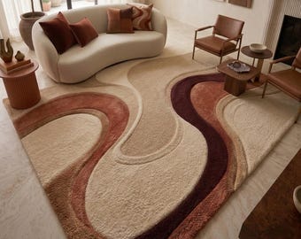 Abstract Hand Tufted Wool Rug, Beige Terracotta Brown Area Rug, Modern Curved Wave Design Carpet, Scandinavian Home Decor