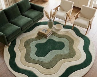 Alfombra redonda de lujo hecha a mano con mechones a mano, alfombra abstracta de lana verde, alfombra orgánica moderna, alfombra para sala de estar de tamaño personalizado