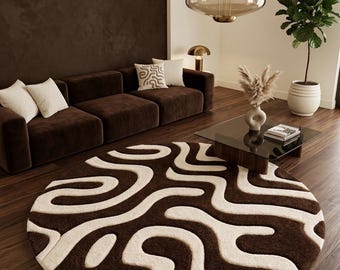 Alfombra moderna abstracta tejida a mano, alfombra ondulada marrón crema, alfombra geométrica de lana orgánica, decoración contemporánea para sala de estar.