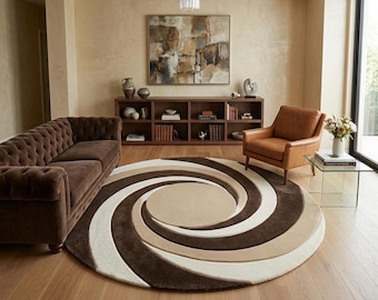 Alfombra redonda tejida a mano, alfombra moderna abstracta en espiral, alfombra para sala de estar en tonos neutros marrón crema, decoración de lujo contemporánea para el hogar.