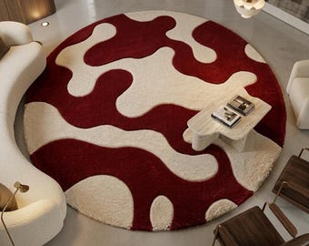 Alfombra redonda moderna abstracta de lana tejida a mano, alfombra de área en burdeos y marfil, alfombra contemporánea de lujo, alfombra de tamaño personalizado