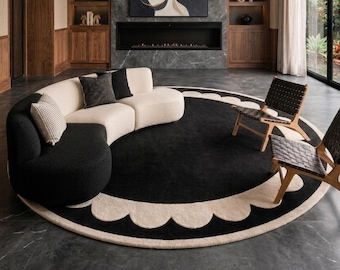 Alfombra de lana tejida a mano, alfombra redonda con borde festoneado, alfombra de lana negra y marfil, alfombra abstracta moderna, decoración impactante para la sala de estar