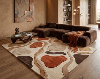 Alfombra abstracta de lana tejida a mano, alfombra moderna de tonos neutros, alfombra de lujo beige y marrón para sala de estar, alfombra contemporánea hecha a mano, alfombra de tamaño personalizado.