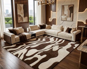 Alfombra abstracta tejida a mano, alfombra moderna marrón crema para sala de estar, decoración de lujo para el hogar.