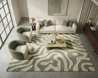 Alfombra de lana tejida a mano, alfombra con estampado abstracto ondulado, alfombra de lana verde salvia y marfil, diseño orgánico moderno, alfombra para sala de estar.