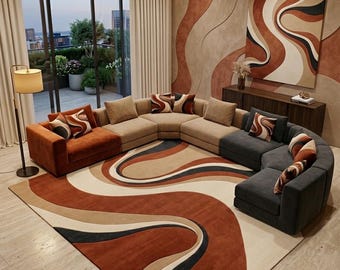 Alfombra abstracta moderna, alfombra de lana tejida a mano, alfombra geométrica color terracota beige, alfombra contemporánea para sala de estar, decoración de piso hecha a mano