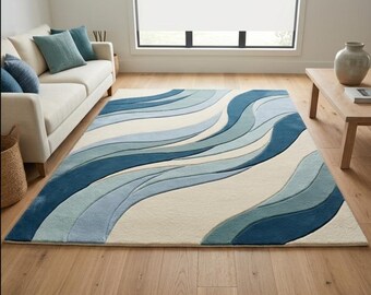Alfombra abstracta de olas azules tejida a mano, alfombra moderna de tonos neutros, decoración contemporánea para sala de estar.