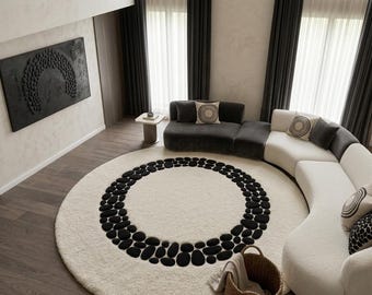 Alfombra redonda de lana tejida a mano, alfombra circular moderna con diseño de guijarros, alfombra minimalista en negro y marfil, alfombra de lujo escandinava, alfombra para sala de estar de tamaño personalizado