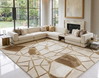 Alfombra geométrica tejida a mano, alfombra abstracta en tonos beige y marrón neutros, alfombra moderna de lujo para sala de estar, alfombra contemporánea hecha a mano.