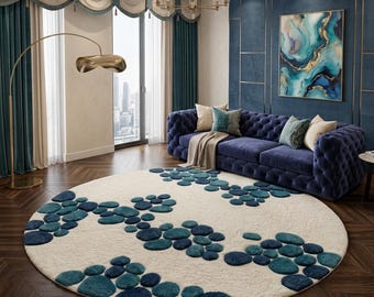 Alfombra redonda de lana de lujo tejida a mano, alfombra circular moderna con diseño de guijarros, alfombra abstracta azul crema, alfombra de diseño hecha a mano, alfombra personalizada para sala de estar.
