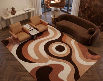 Alfombra moderna abstracta de lana tejida a mano, alfombra de lujo marrón beige, alfombra contemporánea para sala de estar, alfombra de tamaño personalizado.