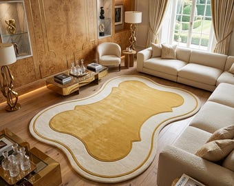 Alfombra de lana tejida a mano, alfombra de forma irregular, alfombra abstracta moderna, alfombra de lujo color crema y dorado, alfombra de diseño hecha a mano, alfombra para sala de estar