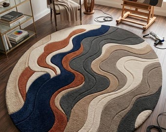 Alfombra abstracta de lujo tejida a mano, alfombra redonda moderna de lana, alfombra con diseño de ondas contemporáneo, alfombra artesanal de gran impacto.