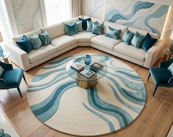 Alfombra redonda tejida a mano, alfombra abstracta de ondas en azul marfil, decoración moderna para sala de estar.