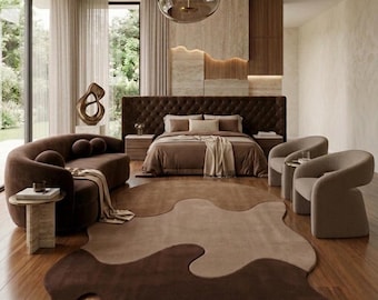 Alfombra abstracta de lana, alfombra orgánica de forma libre, alfombra de lana tejida a mano en tonos marrón y beige, alfombra escultural moderna, decoración para dormitorio y sala de estar.