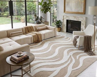 Alfombra de lana tejida a mano, alfombra abstracta en tonos beige y crema, alfombra moderna neutra para sala de estar, alfombra de lujo hecha a mano, alfombra de tamaño personalizado.
