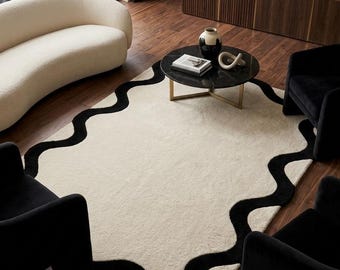 Alfombra moderna de lana tejida a mano, alfombra abstracta en blanco y negro, alfombra de lujo de forma irregular, alfombra mullida hecha a mano para sala de estar.