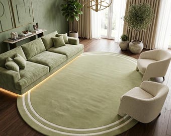 Alfombra de lana tejida a mano, ovalada, verde salvia, moderna y minimalista, alfombra de lujo para habitaciones, alfombra de dormitorio a medida, decoración contemporánea para el hogar.