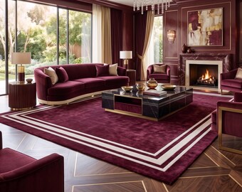 Alfombra de seda color burdeos tejida a mano, alfombra moderna de lujo, alfombra con borde color marfil para sala de estar y dormitorio.