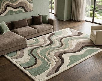 Alfombra moderna abstracta tejida a mano, alfombra de área con diseño de olas en verde salvia, alfombra neutra contemporánea para sala de estar.
