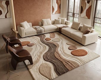 Alfombra moderna abstracta tejida a mano, alfombra de lana en tonos beige y marrón neutros, alfombra con textura de ondas orgánicas, decoración contemporánea para sala de estar.