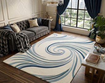 Alfombra abstracta tejida a mano, alfombra con remolinos azules y crema, decoración moderna para sala de estar.