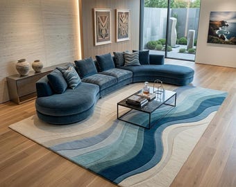 Alfombra de lana tejida a mano, alfombra abstracta de ondas azul verdoso, diseño orgánico moderno, alfombra de lujo para sala de estar, decoración contemporánea para el hogar.