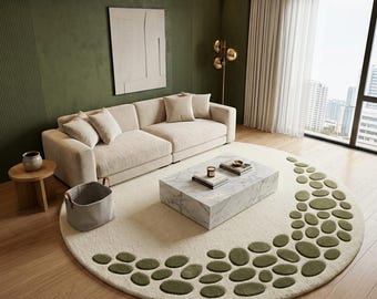 Alfombra de lana tejida a mano con textura de guijarros, alfombra redonda moderna, alfombra de lujo color verde marfil, alfombra contemporánea para sala de estar, alfombra de diseño hecha a mano.