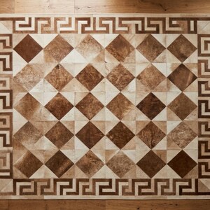 Geometric Cowhide Leather Rug, Handmade Patchwork Cow Skin Carpet, Modern Brown Area Rug, Luxury Living Room Rug, Western Cowhide Carpet