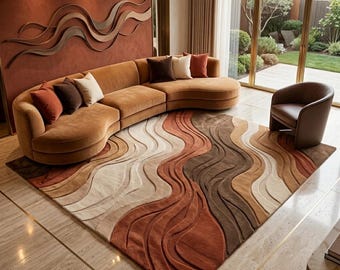 Alfombra de lana tejida a mano, alfombra abstracta ondulada, alfombra moderna en tonos terracota, beige y marrón, alfombra para sala de estar en tonos tierra.