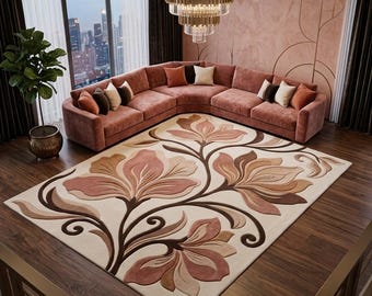 Alfombra de lana floral tejida a mano, alfombra de lujo rosa y beige, alfombra botánica moderna, alfombra hecha a mano para sala de estar, alfombra de tamaño personalizado