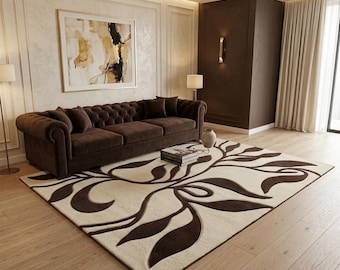 Alfombra abstracta de lana tejida a mano, alfombra moderna marrón crema, alfombra con estampado de ondas orgánicas, decoración contemporánea para sala de estar.