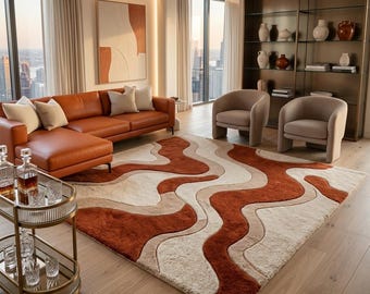 Alfombra de lana tejida a mano, diseño abstracto de ondas en color crema terracota, alfombra esculpida de estilo retro moderno.