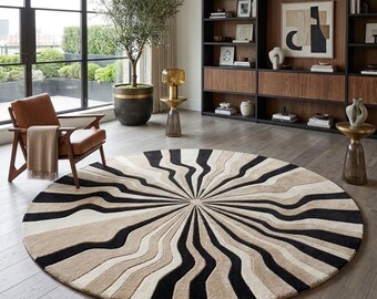Alfombra redonda moderna de lana tejida a mano, alfombra abstracta en negro, beige y crema, alfombra circular de lujo, alfombra hecha a mano a medida.