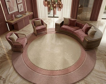 Alfombra redonda de lana, diseño de círculos superpuestos, alfombra de lana tejida a mano en tonos beige y rosa, alfombra moderna de lujo, decoración para sala de estar.