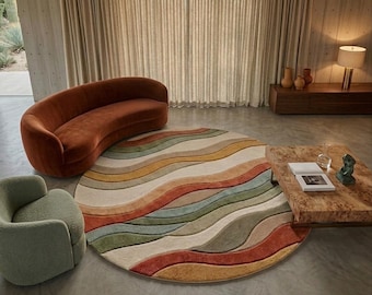 Alfombra de lana tejida a mano, alfombra redonda abstracta de rayas onduladas, alfombra de lana verde, naranja y beige, alfombra texturizada retro moderna, decoración para sala de estar