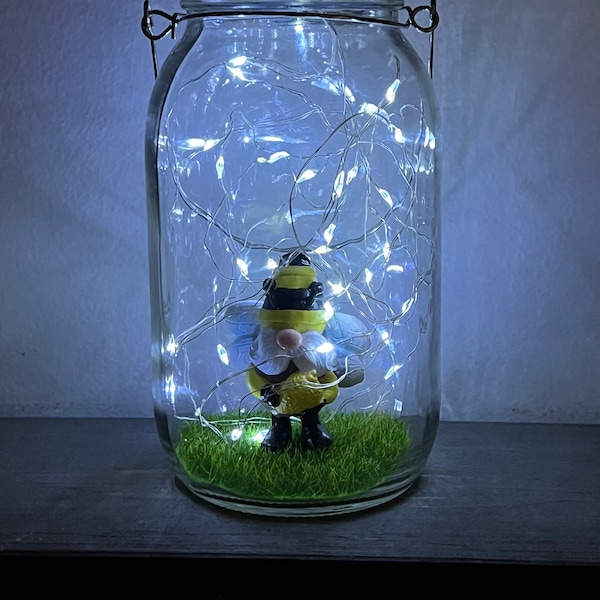 Bumble bee gnome solar powered fairy lights hanging mason jar for garden, walkway, deck or indoor nightlight