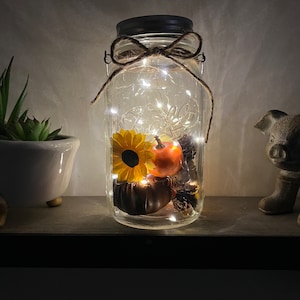 Fall decor filled hanging mason jar solar lantern, patio light, walkway lighting, outdoor garden, fairy lights, night light, pumpkins