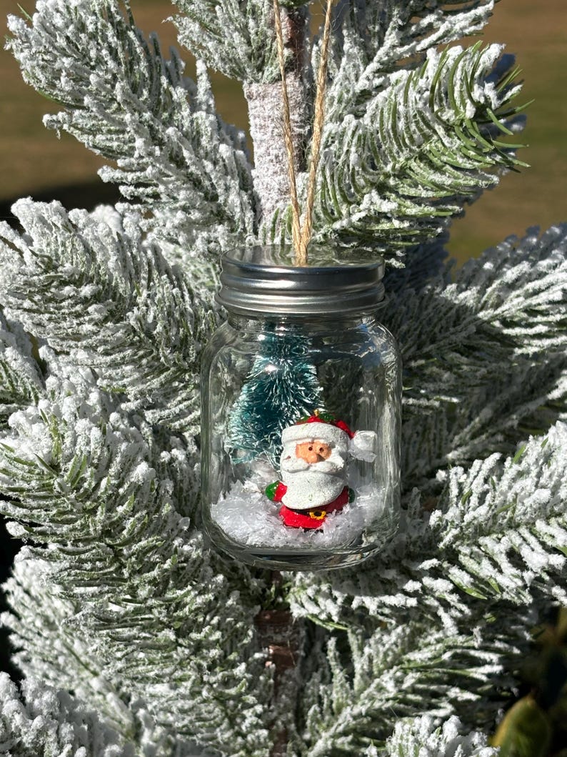 Miniature Glass Mason Jar Farmhouse Christmas Tree Ornament With Santa