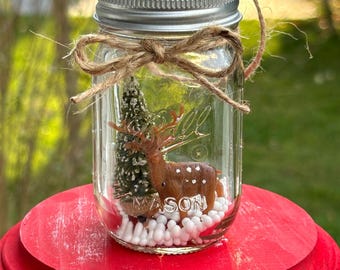 Miniature Ball mason jar glass Christmas tree ornament with deer in the snow, farmhouse ornament, Christmas gift for him, gift for hunter