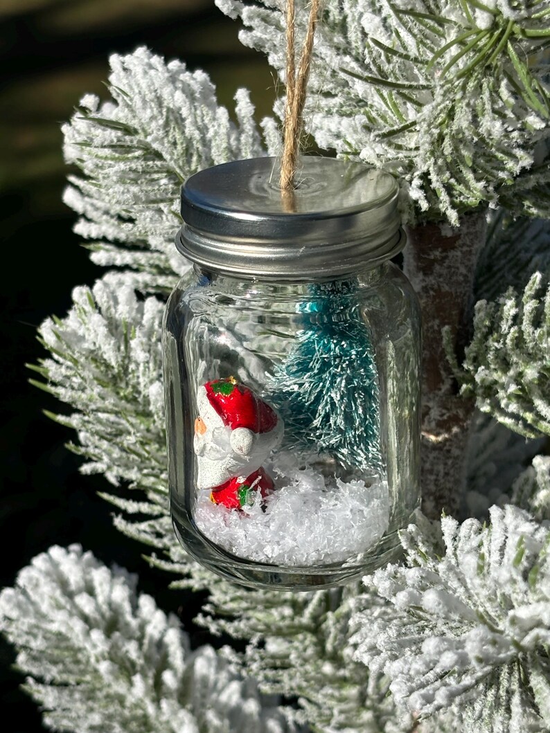 Miniature Glass Mason Jar Farmhouse Christmas Tree Ornament With Santa